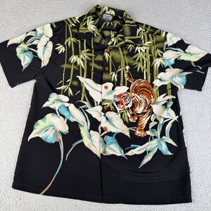VTG DRAGONFLY Shirt Mens Large Tiger Allover Print Floral Bamboo Button Camp Y2K